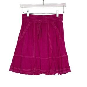 Anthropologie Pilcro Flounced Pink Mini Skirt S Pull On Boho Bright Linen Blend